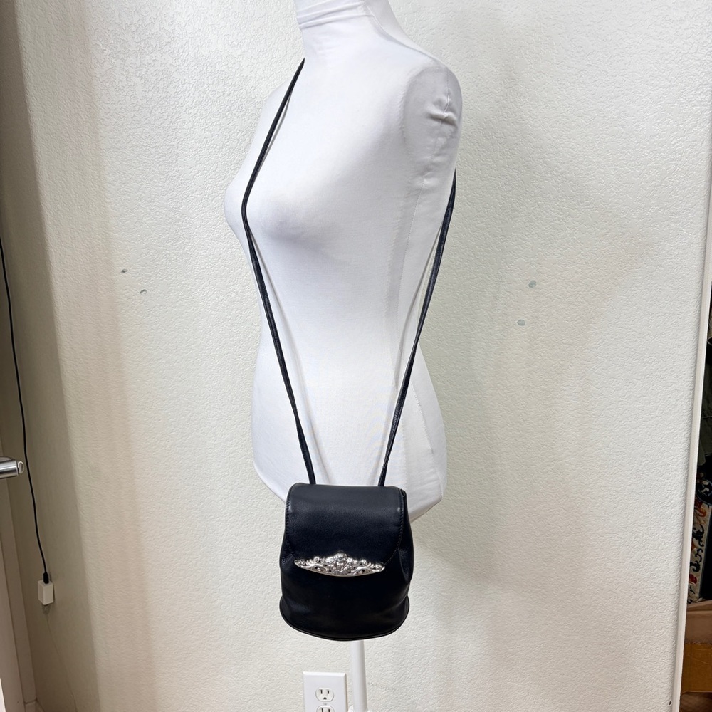 One World by Brighton Black Leather Drawstring Bag Crossbody with Silver Accent - Picture 4 of 9